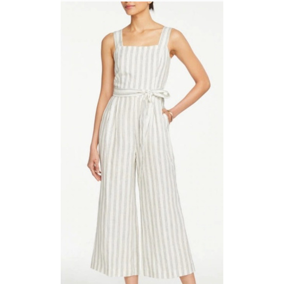 Ann Taylor Womens Linen Blend Striped Square Neck Jumpsuit Sleeveless Size 12 - Picture 1 of 14